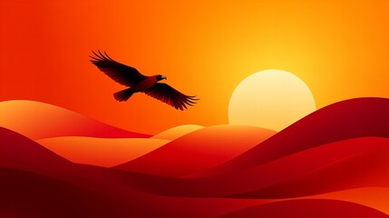 Naklejka premium Silhouette of a bird soaring over rolling hills at sunset. Warm, vibrant colors dominate the scene.