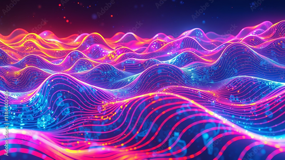 Poster abstract glowing starry background with blue swirling waves and patterns