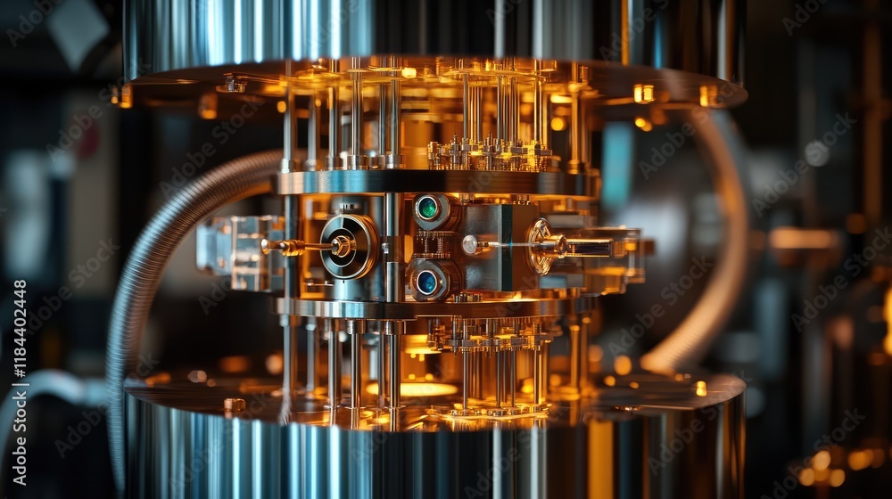 Poster quantum technology applied to finance, showing quantum processors optimizing financial models and ri