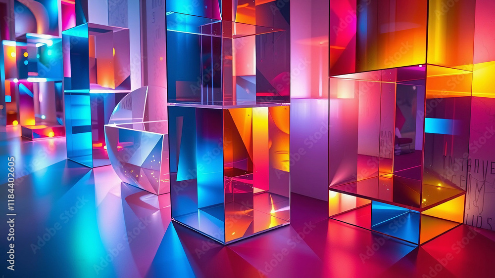 Poster this image could be named: colorful geometric abstract background with glowing squares and patterns