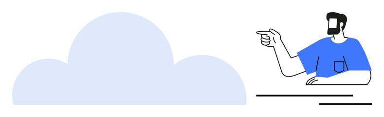 Man with beard and blue shirt points to large gray cloud shape. Ideal for themes of technology, cloud computing, innovation, future, digital transformation, guidance, connection. Simple line and flat