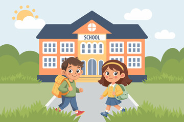 Back to school banner. Two school children going to school with backpacks. Illustration in flat style.