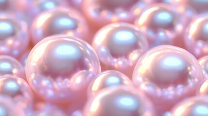A close-up view of shimmering, translucent pink pearls, showcasing their smooth surfaces and lustrous reflections in a soft, dreamy setting.