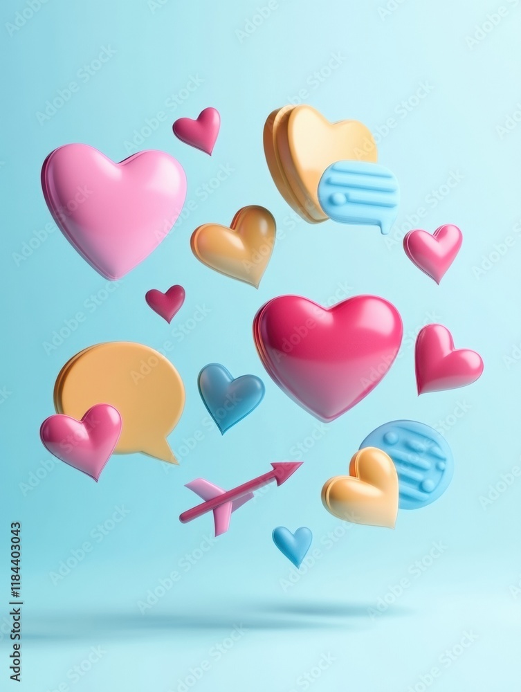 Poster Colorful floating 3D chat bubbles, hearts, and arrows create a playful atmosphere for communication and expression. Generative AI