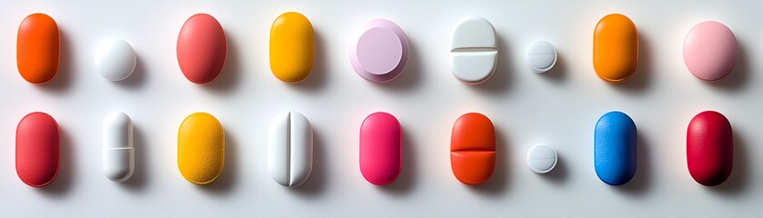 Closeup of modern pills and medications arranged on white surface, different shapes and sizes, round, oval, capsule pills, vibrant colors, clean design