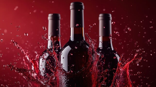 Rich red wine splashes into a wine bottle against a darker red background in striking monochromatic product photography