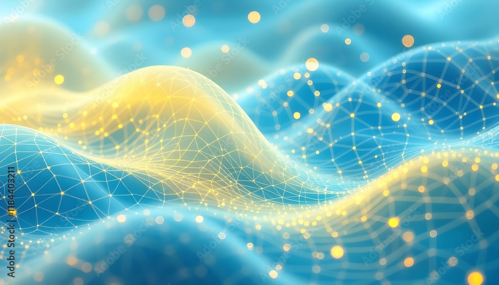 Aufkleber Bright yellow abstract netting grid waves background. Abstract yellow mesh texture with a wavy pattern. Golden gridded waves with sparkling lights. Golden particle wave abstract background