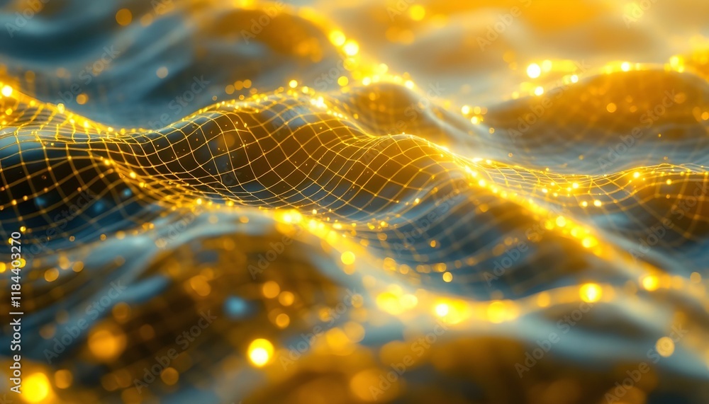 Aufkleber Bright yellow abstract netting grid waves background. Abstract yellow mesh texture with a wavy pattern. Golden gridded waves with sparkling lights. Golden particle wave abstract background