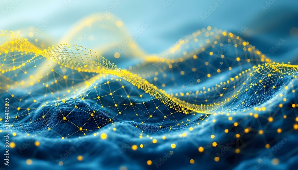 Aufkleber Bright yellow abstract netting grid waves background. Abstract yellow mesh texture with a wavy pattern. Golden gridded waves with sparkling lights. Golden particle wave abstract background