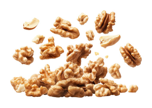 Falling walnuts on food studio environment high fidelity concept isolated on transparent background png