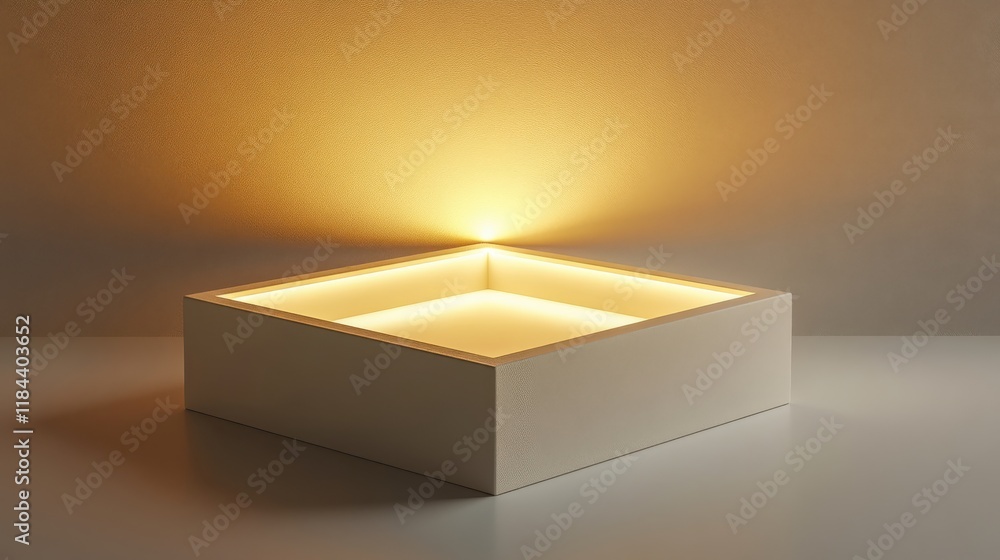 Poster warm ambient square light box emitting soft golden illumination in minimalist setting