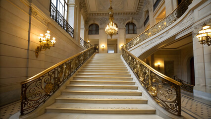 Obraz premium A grand staircase with a gleaming golden banister and ornate, intricate railings stretches upwards, leading into a magnificent hall