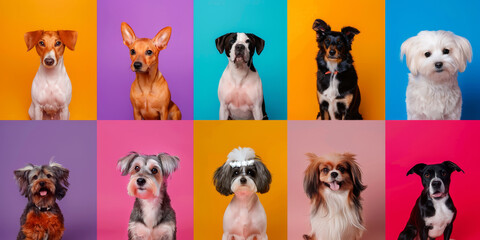 Collage of dog portraits in bright multi-colored frames. Set of pet photos on colorful background.