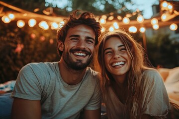 Happy couple enjoying in movie night with friends in backyard. Generative AI