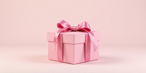 Fototapeta premium A delicately wrapped pink gift box with a satin ribbon bow sits on a pale pink background