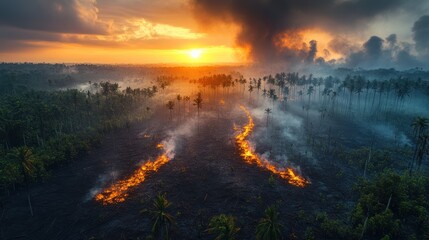 Fototapeta premium Aerial view of wildfire burning through tropical rainforest at sunset.
