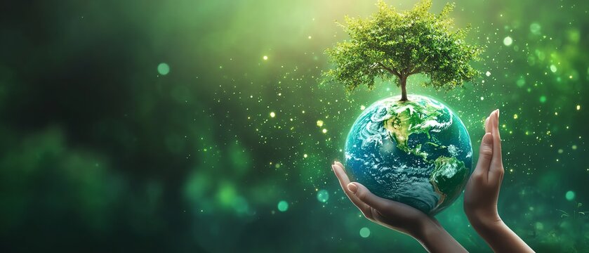 Earth Day banner with hands holding Earth, tree growing from globe, environmental protection, Arbor Day symbolism, clean planet, vibrant green theme