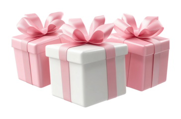 Flying pink and white gift boxes celebration event indoor environment high fidelity viewpoint festive concept isolated on transparent background png