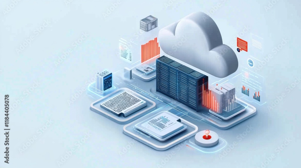 Poster futuristic 3d isometric cloud computing and data storage technology concept