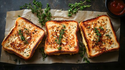 Three Golden Brown Grilled Cheese Sandwiches with Thyme and Ketchup