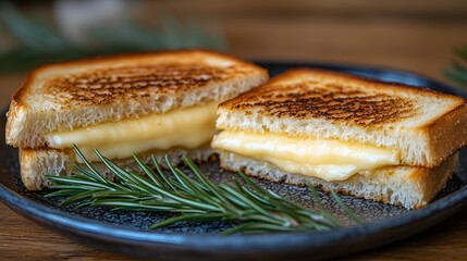 Warm and gooey grilled cheese sandwich with melted cheese on rustic wooden table