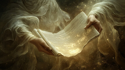 Hands holding glowing parchment 