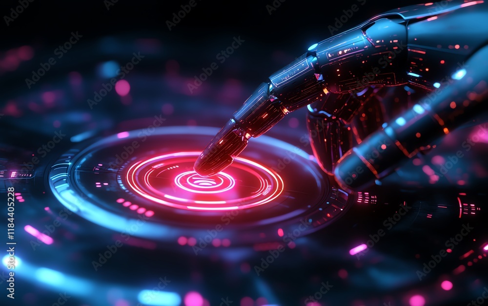 Poster futuristic robot hands pointing to laptop button, symbolizing aipowered customer service, glowing ch