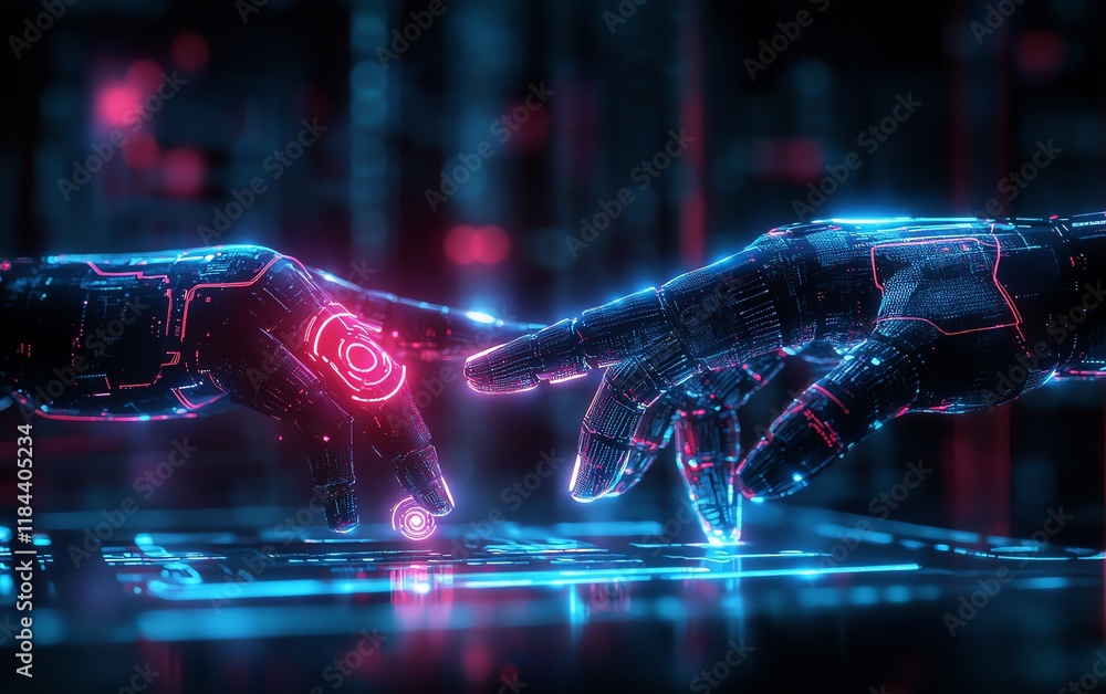 Poster futuristic robot hands pointing to laptop button, symbolizing aipowered customer service, glowing ch