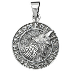 This silver pendant showcases a raven within a runic circle, symbolizing wisdom, mystery, and the...