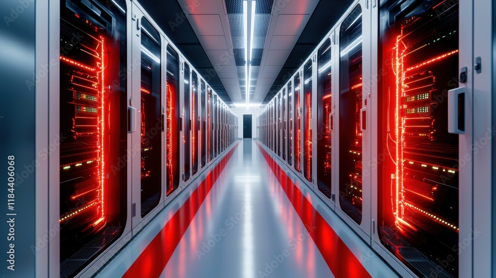 Poster futuristic data center corridor with illuminated server racks and cutting edge technology infrastruc