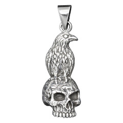 This sterling silver pendant features a raven perched on a skull, symbolizing death, wisdom, and mystery. A perfect gothic accessory for those who embrace dark and mystical symbols