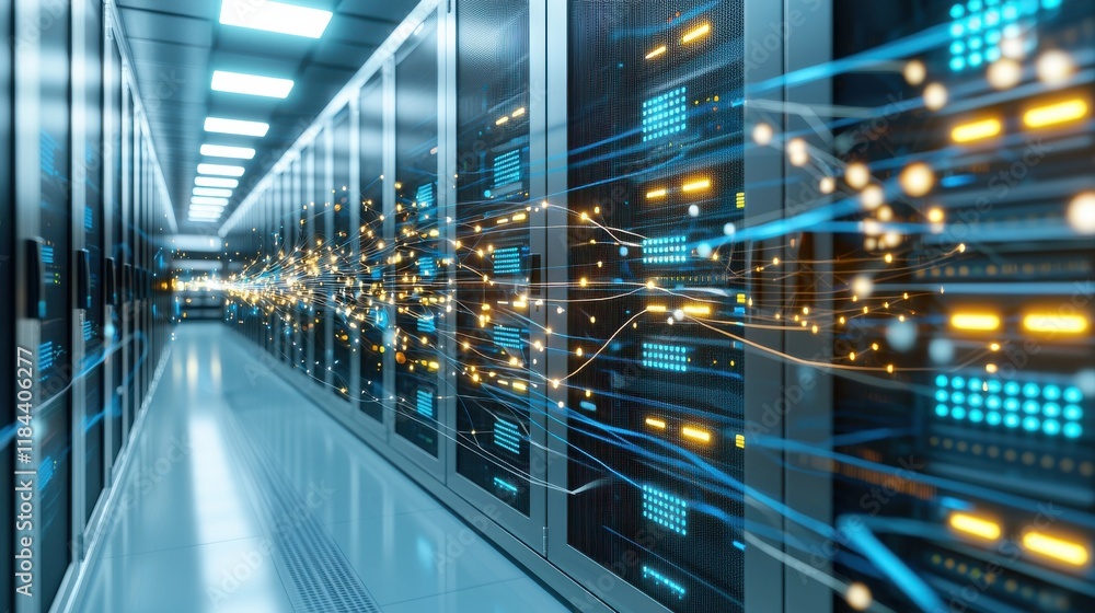 Poster futuristic data center with advanced network and server technology powering digital innovation and c
