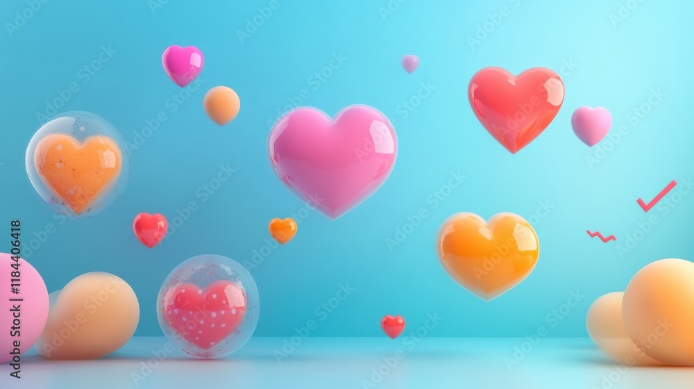 Poster floating 3d chat bubbles, hearts, and arrows create a whimsical atmosphere in a bright colored space