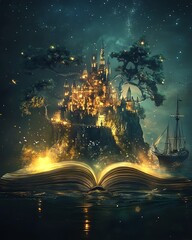 Obraz premium Fantasy realm unfolding from an open book, glowing castle, magical tree, and sailing ship set against a dark night sky, mystical scenery, enchanted lights