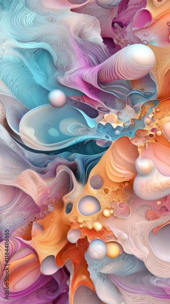 Poster captivating digital fluid art composition with vibrant ethereal swirls and kaleidoscopic patterns