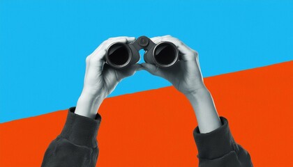 hands holding binoculars on blue orange background. Art. person looking through binoculars