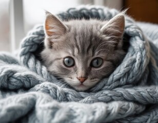 Adorable Gray Kitten Snuggles in Cozy Blue Knit Blanket, Winter Warmth