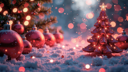Red Christmas Tree and Baubles on Festive Background, Street Covered in Snow