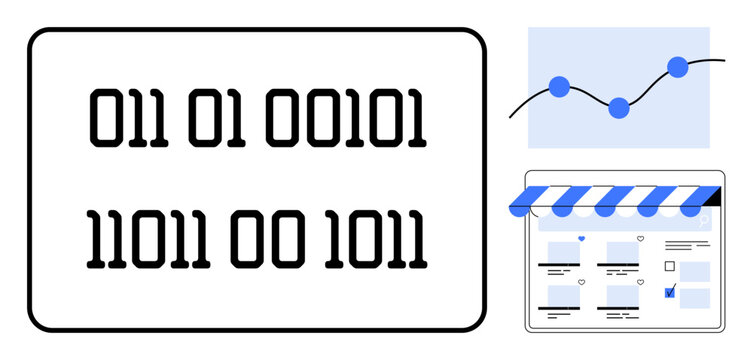 Binary code, line graph with data points, and storefront website layout. Ideal for data analysis, online business, e-commerce, digital marketing, web analytics, technology and computer science