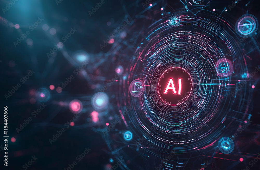 Poster ai revolution: futuristic digital interface with glowing ai symbol at center. abstract technology ba