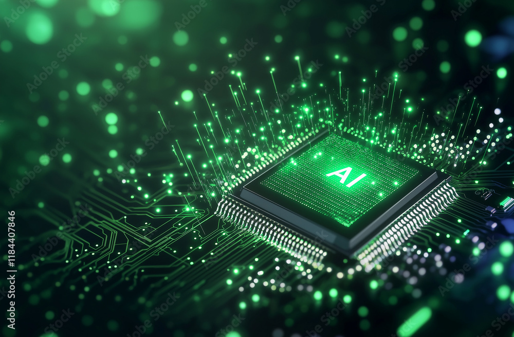 Poster ai microchip: glowing green ai symbol on a futuristic microchip. close-up view of advanced technolog