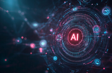Obraz premium AI Revolution: Futuristic digital interface with glowing AI symbol at center. Abstract technology background, perfect for innovation and artificial intelligence concepts. 