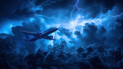 Fototapeta premium Airplane flying through stormy clouds and lightning.