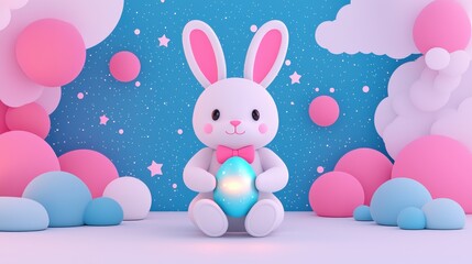 Fototapeta premium A cute, stylized bunny holds a glowing egg in a vibrant pastel setting with colorful clouds and stars.