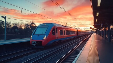 Fototapeta premium Modern, high-speed train is arriving at a railway station during a vibrant and colorful sunset, creating a picturesque scene of transportation and travel