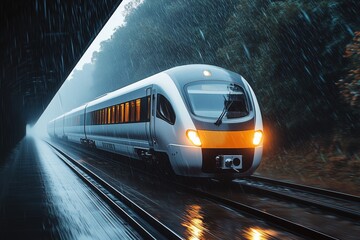 Naklejka premium Modern high-speed train with illuminated headlights is traveling on railway tracks through heavy rain and a dense forest, creating a dramatic and atmospheric scene