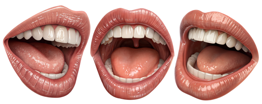 Glossy red lips mouth set bundle and shiny teeth dental care vector illustration, isolated on transparent PNG, dentistry banners, social media posts, posters, doctor promotions, beauty art, health 