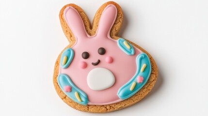 A cute, pink bunny-shaped cookie decorated with colorful icing, perfect for celebrations and festive occasions.