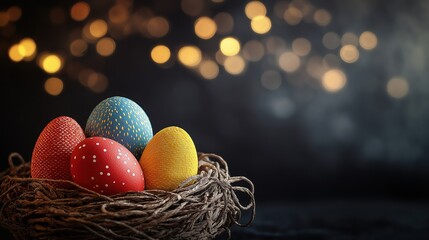 Obraz premium A wicker basket filled with colorful, hand-painted Easter eggs decorated with polka dots and patterns rests on a bed of natural grass. Holiday arrangement