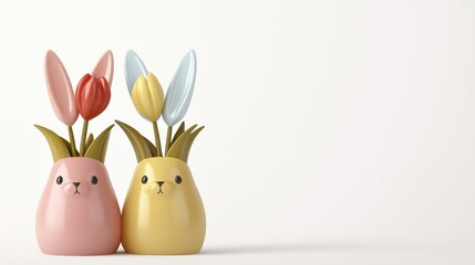 Obraz premium Two cute decorative bunnies with flowers in pastel colors, perfect for spring and Easter celebrations.